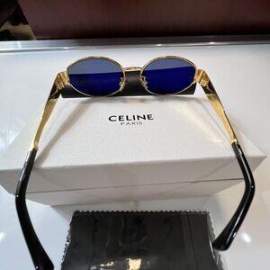 Celine Triomphe Metal CL40235U 30N Oval Sunglasses in Gold with Green Lenses